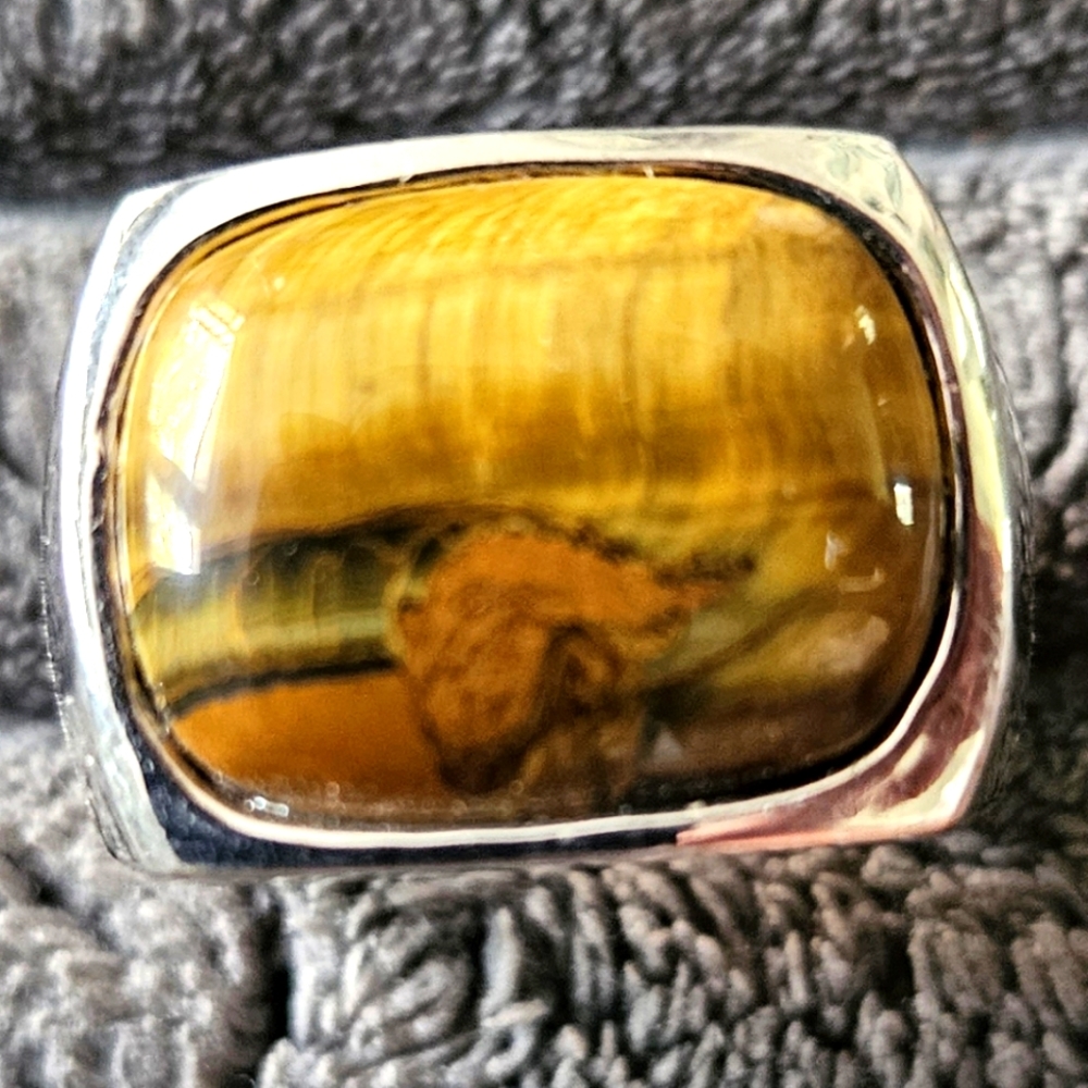 White gold heavy electroplated and Tiger Eye men's ring.